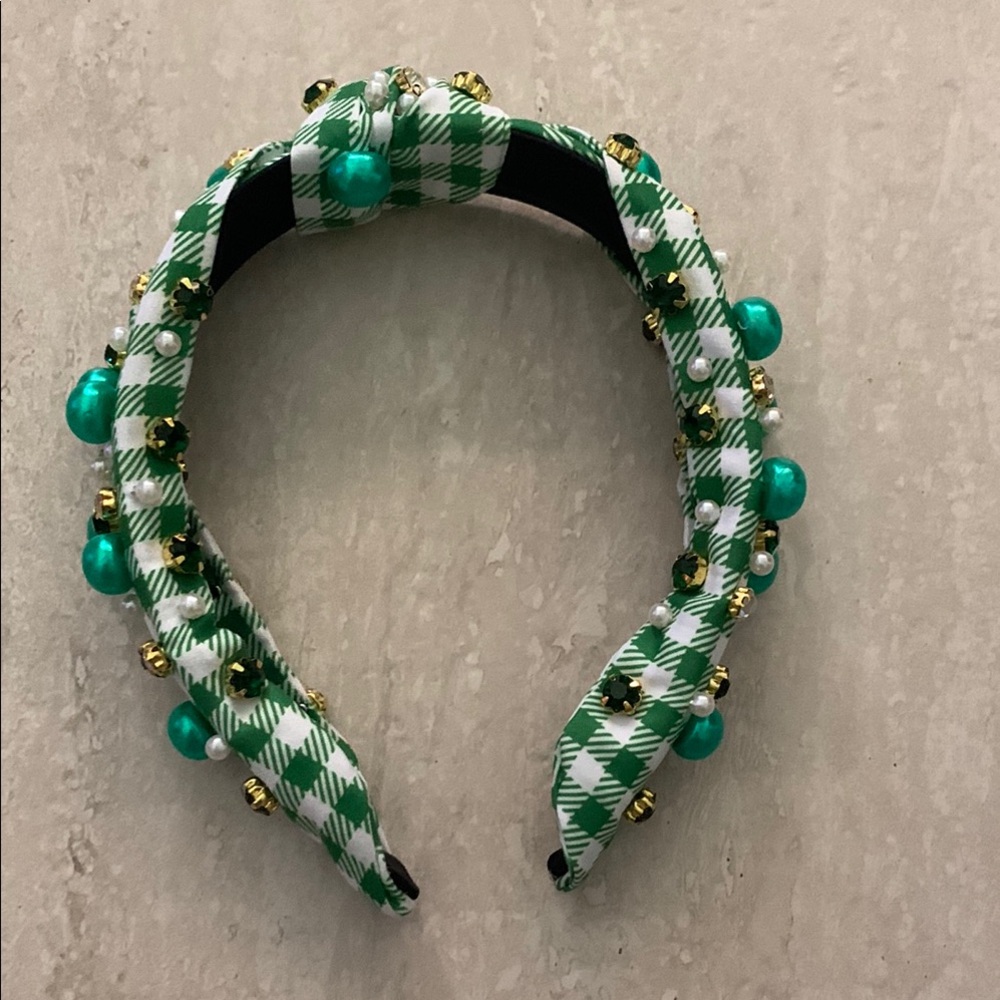Green and White Gingham Knot Headband with Beads